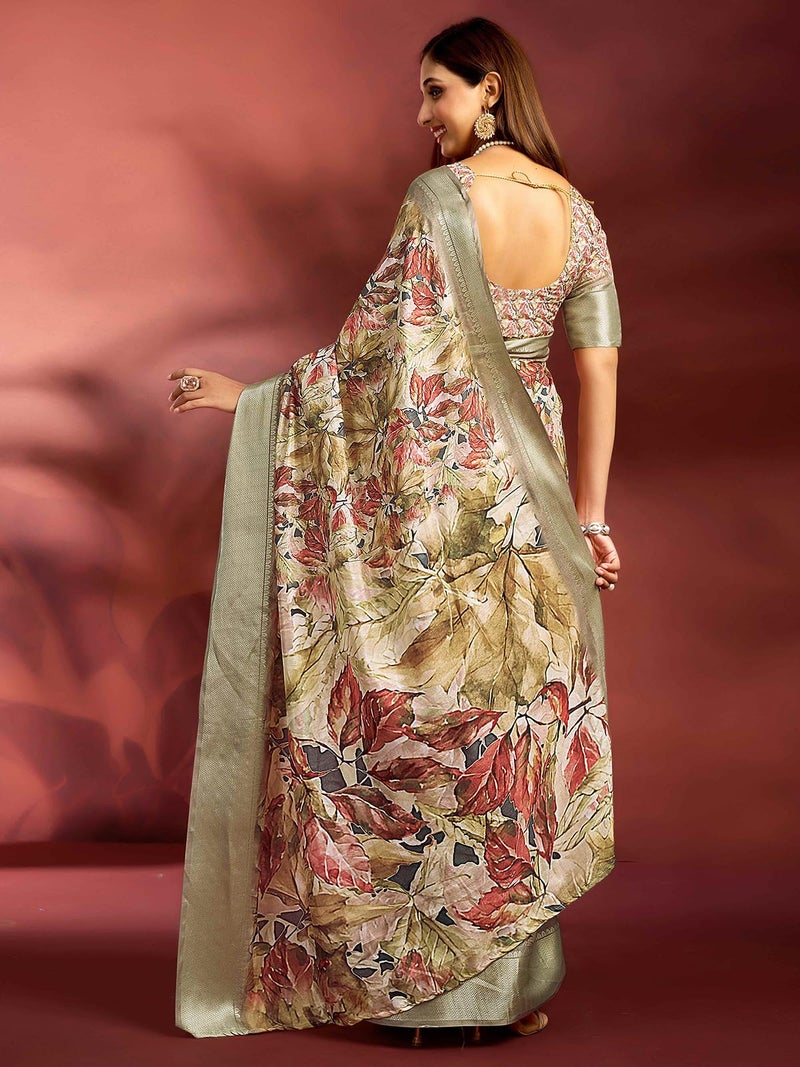 Satrani Women's Dola Silk Weaving Border Printed Ready To Wear One Minute Pre-Draped Saree with Unstitched Blouse Piece (65Rs198N_Khaki) - Image 3