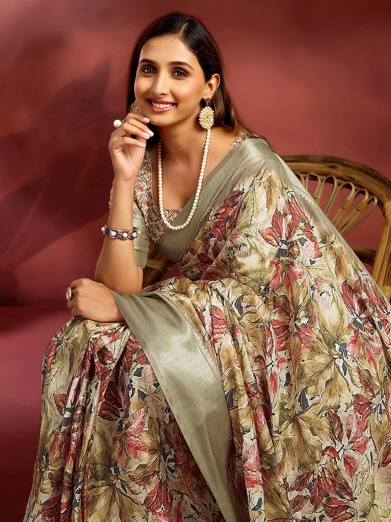 Satrani Women's Dola Silk Weaving Border Printed Ready To Wear One Minute Pre-Draped Saree with Unstitched Blouse Piece (65Rs198N_Khaki) - Image 4