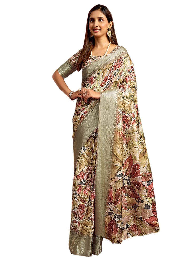 Satrani Women's Dola Silk Weaving Border Printed Ready To Wear One Minute Pre-Draped Saree with Unstitched Blouse Piece (65Rs198N_Khaki) - Image 1