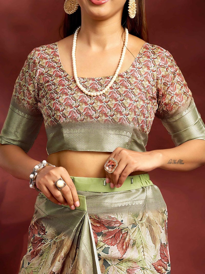 Satrani Women's Dola Silk Weaving Border Printed Ready To Wear One Minute Pre-Draped Saree with Unstitched Blouse Piece (65Rs198N_Khaki) - Image 5