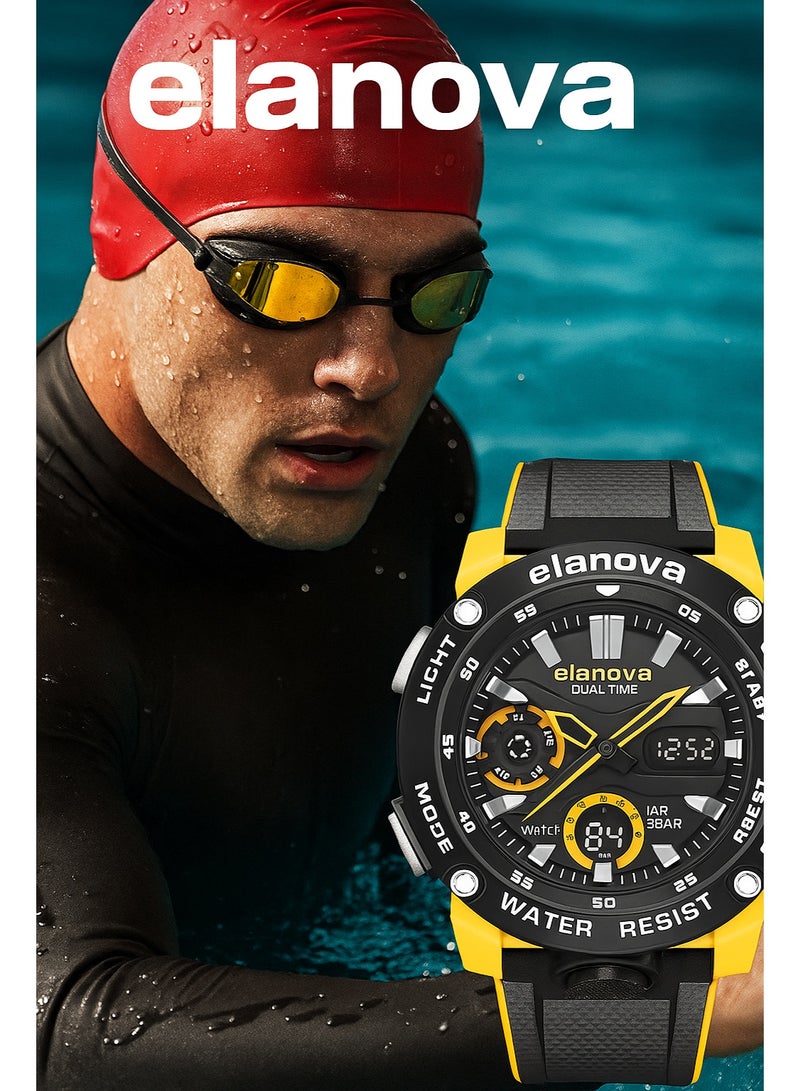 إيلانوفا ساعة يد رقمية وتناظرية بتصميم رياضي، مقاومة للماء حتى 5 بار، مزودة بتوقيت مزدوج وحزام سيليكون متين، طراز EL70 - Image 2