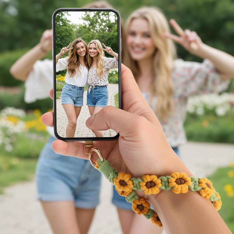 Bememo Sunflower Phone Wrist Strap Boho Macrame Wristlet Cute Cell Phone Lanyard with 2 Gold Tether Tabs Spacers Handmade Gifts for Women - Image 5