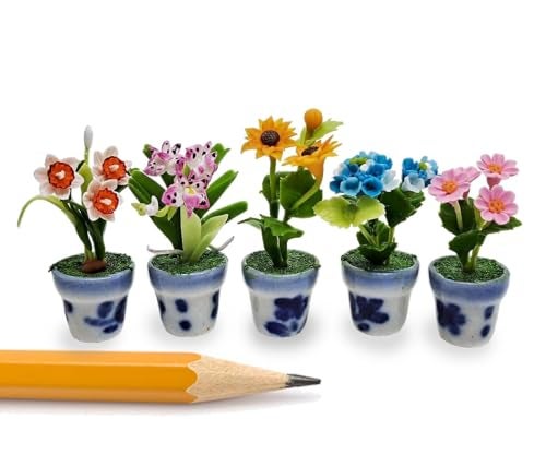 WitnyStore Tiny 1 High 5 Pieces Set Mix Sunflower Orchid Hydrangea Zinnia Hand Made Artificial Flowers Colorful Miniature Realistic Clay Flower Plant Pots Blooming House Plants Indoor Decoration - Image 1