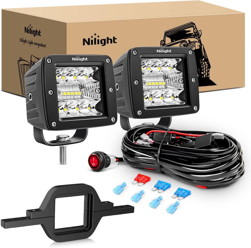 Nilight 2Pcs 3 Inch Led Pods Cubes 2-2.5 Inch Tow Hitch Mounting Brackets LED Backup Reverse Lights Rear Search Light Bar Wiring Harness Kit -2 Leads for SUV Truck Trailer, 2 Years Warranty - Image 1