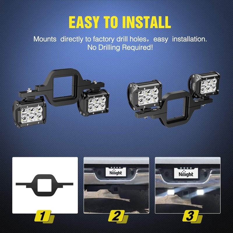 Nilight 2Pcs 3 Inch Led Pods Cubes 2-2.5 Inch Tow Hitch Mounting Brackets LED Backup Reverse Lights Rear Search Light Bar Wiring Harness Kit -2 Leads for SUV Truck Trailer, 2 Years Warranty - Image 5