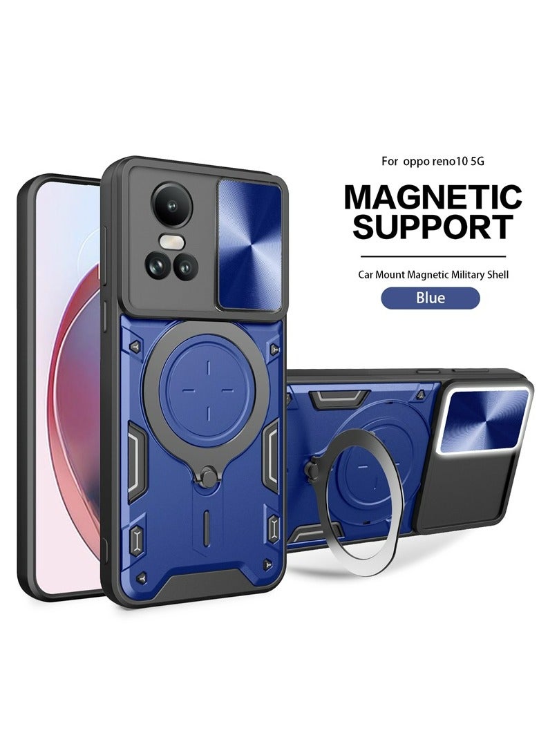 OPPO Reno 10 5G / Reno 10 Pro 5G Blue Mobile Phone Case Cover, Slide Camera Lens Cover, 360°Rotating Kickstand Ring, Bumper Shockproof Phone Case，Compatible with Car Magnetic Mount