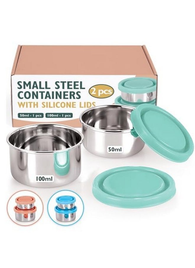 MARU MARU Stainless Steel Chutney Dabba Set 2 with Durable Food-Grade Silicone Lids, Perfect Small Tiffin Boxes for Chutney, Salad, Dips & Pickle, 50ml * 1 pcs & 100ml * 1 pcs, Set of 2 (Green)  - Image 1