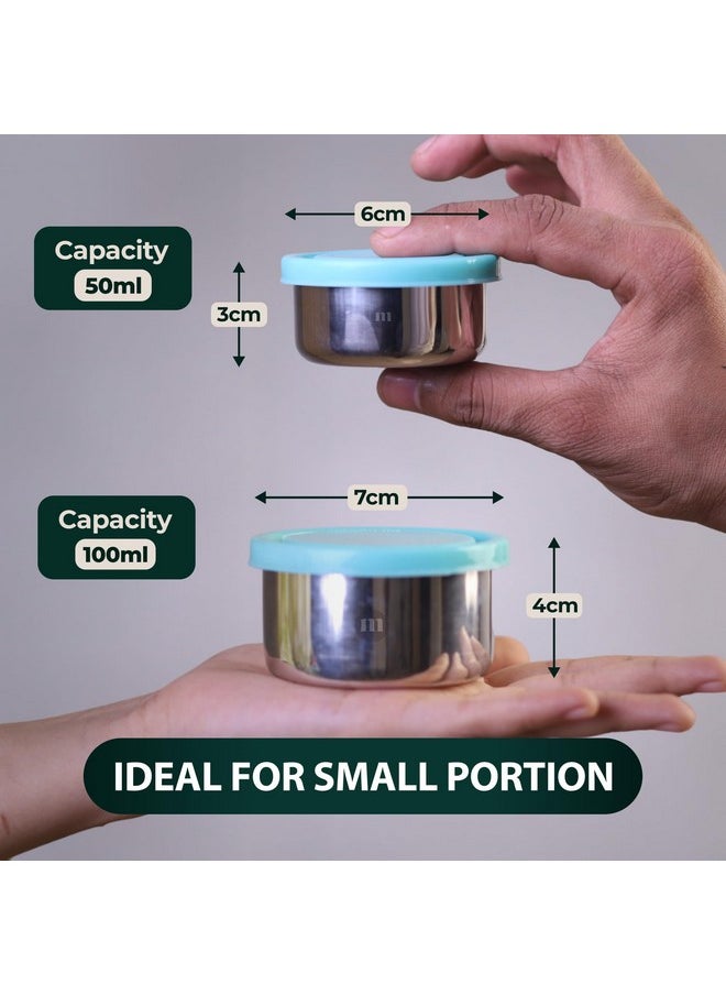 MARU MARU Stainless Steel Chutney Dabba Set 2 with Durable Food-Grade Silicone Lids, Perfect Small Tiffin Boxes for Chutney, Salad, Dips & Pickle, 50ml * 1 pcs & 100ml * 1 pcs, Set of 2 (Green)  - Image 2