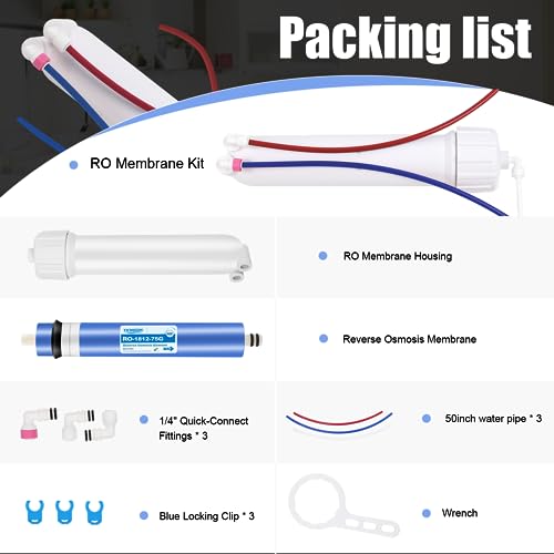 YKMGON 1812-75GPD Reverse Osmosis Membrane Kit with RO Membrane Housing,Wrench,1/4" Quick-Connect Fittings,Check Valve and Water Pipe Replacement for Under Sink Home Drinking RO Water Filter System - Image 3