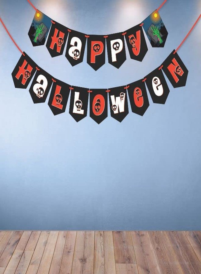 WOBBOX Halloween Bunting Banner Happy Halloween Orange & Black Color Font With Skeleton Touch, Halloween Decoration Item - Image 1