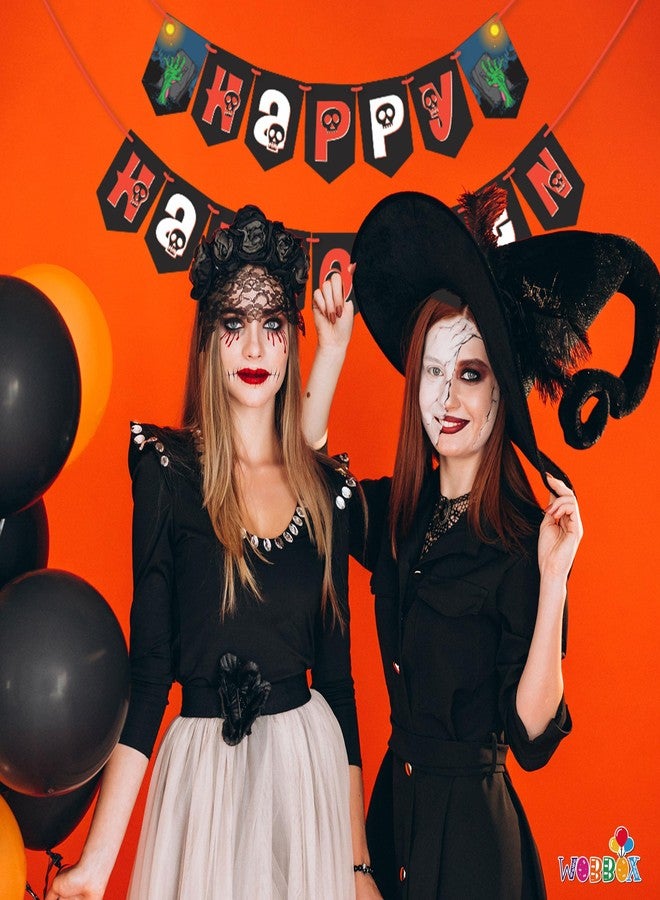 WOBBOX Halloween Bunting Banner Happy Halloween Orange & Black Color Font With Skeleton Touch, Halloween Decoration Item - Image 5