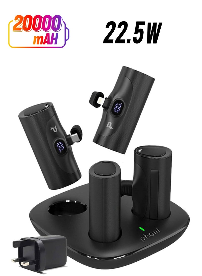 Phoni 4-in-1 Power Bank Station, 22.5W Fast Charge, 4x Type-C Connector, Built-in Display and Kickstand, Dual Charging, 4x 5000mAh, No Cable Needed - Image 1