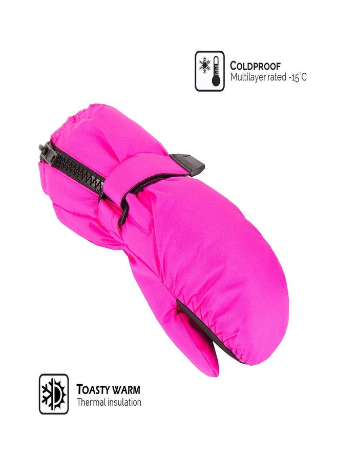 HIGHCAMP Winter Mittens Waterproof Zipper Long Cuffs Mittens for Kids Toddler Boys Girls Pink Medium (6-8 Years) - Image 2