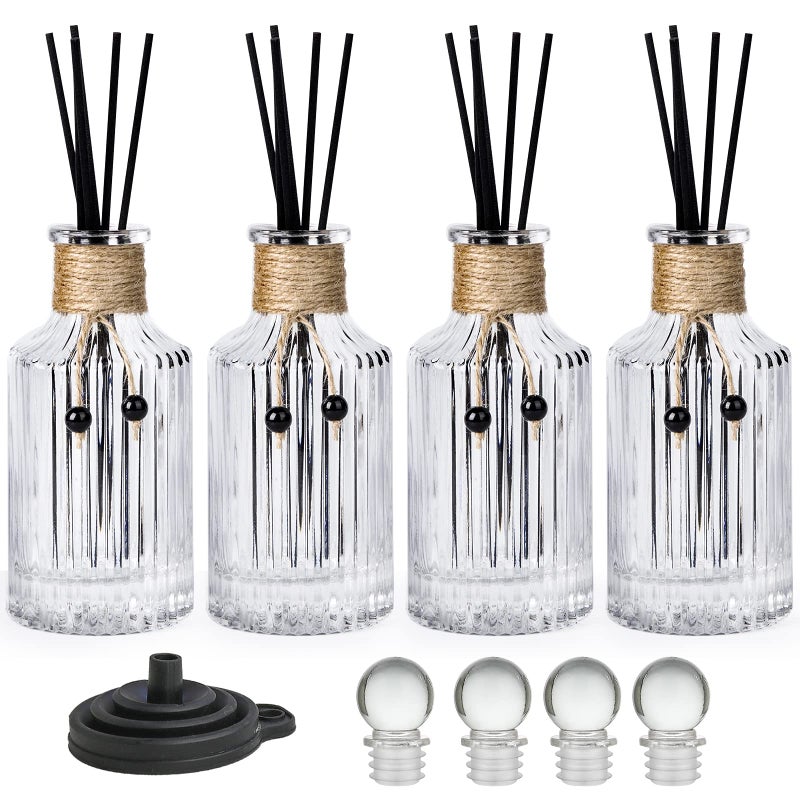Reed Diffuser Bottle Glass Diffuser Bottles 8oz250ml Set of 4 Empty Essential Oil Glass Diffuser Bottles with Stoppers and Reed Sticks Clear Decorative Bottle Set Bulk Reusable Perfume Jar