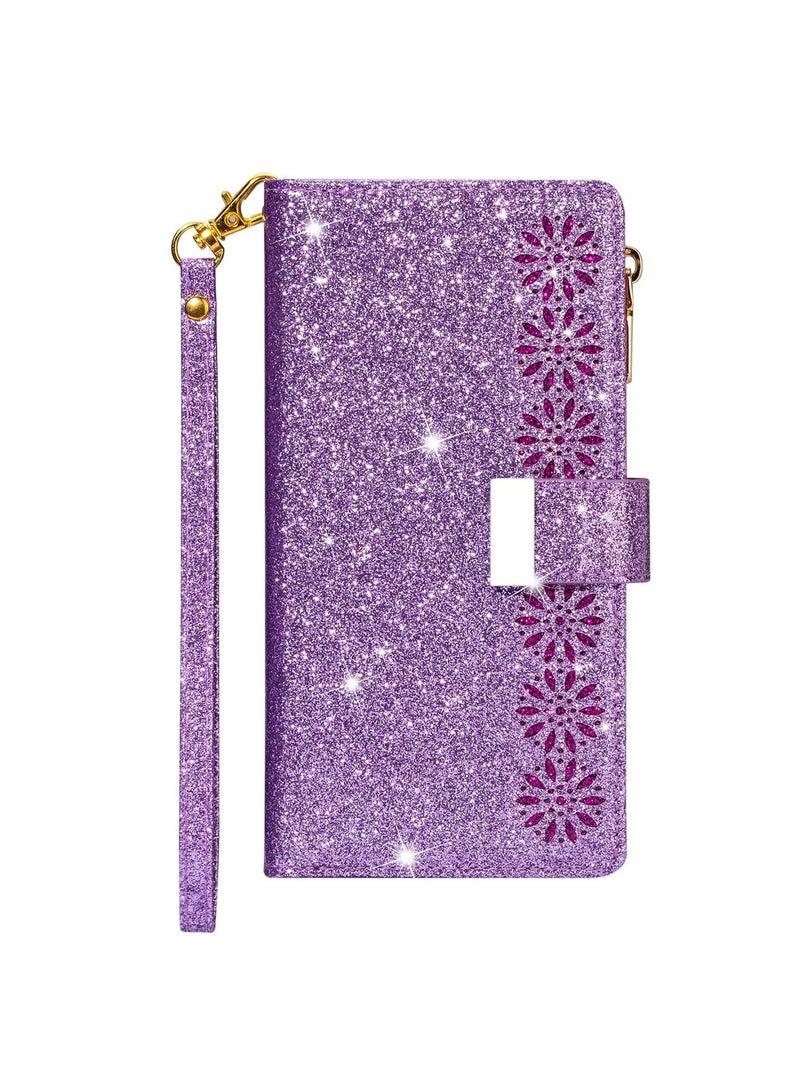 iPhone 15 Pro Max Wallet Case Cover For Women Luxury Bling Diamond  Card Phone Holder Wrist Strap PU Leather Slots Shockproof Protective Back Cover Accessory For iPhone 15 Pro Max  - Image 1