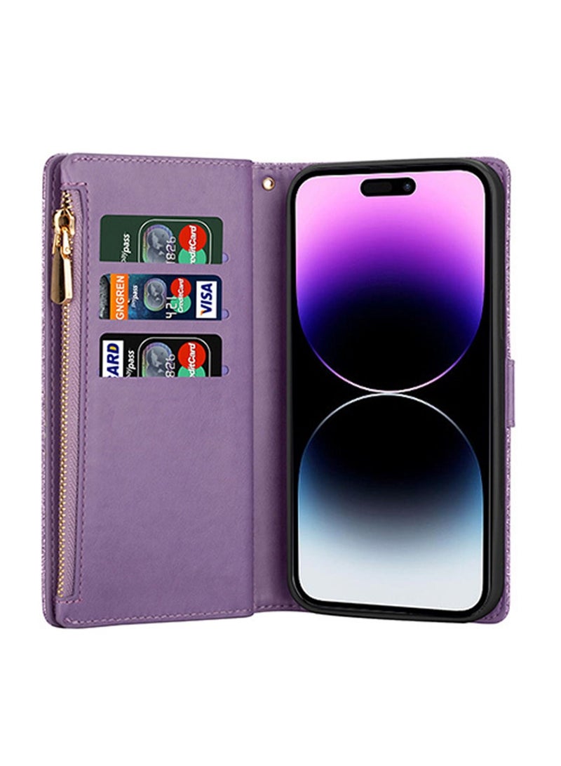 iPhone 15 Pro Max Wallet Case Cover For Women Luxury Bling Diamond  Card Phone Holder Wrist Strap PU Leather Slots Shockproof Protective Back Cover Accessory For iPhone 15 Pro Max  - Image 4