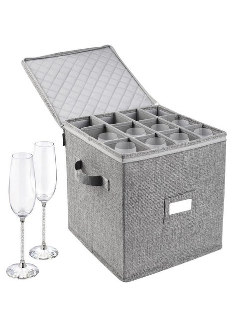 LotFancy Champagne Flute Storage Container, Hard Shell, Stackable, 12" Tall Wine Glass Storage Box with Dividers & Handles, Stemware, Crystal Glassware, Drinkware Case for Moving, Grey