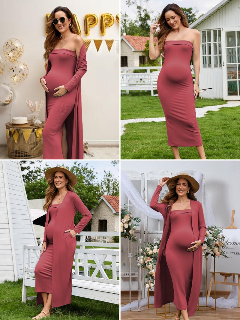 Ecavus Maternity Tube Dress Long Cardigan 2 Piece for Baby Shower and Wedding Guest Ribbed Maternity Photoshoot Dresses - Image 4