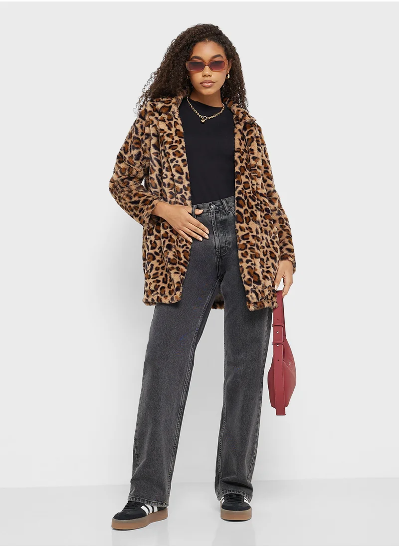 جينجر Leopard Print Longline Faux Fur Coat