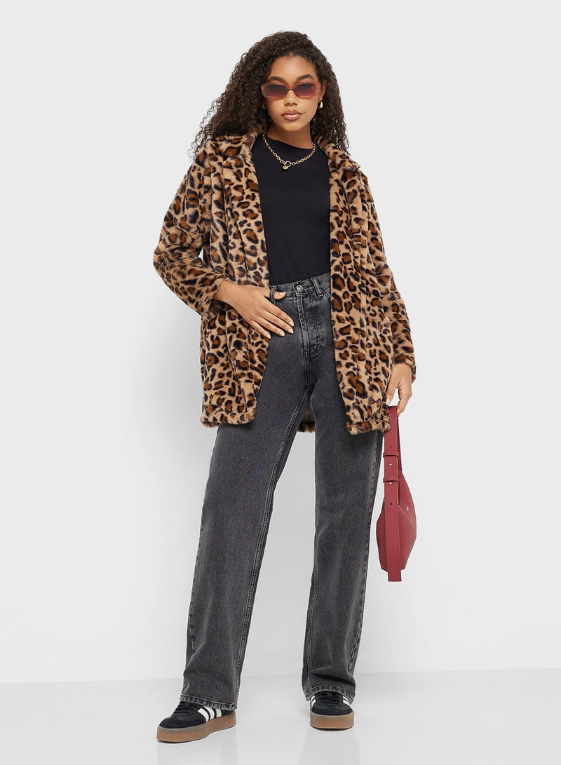 Ginger Leopard Print Longline Faux Fur Coat - Image 4