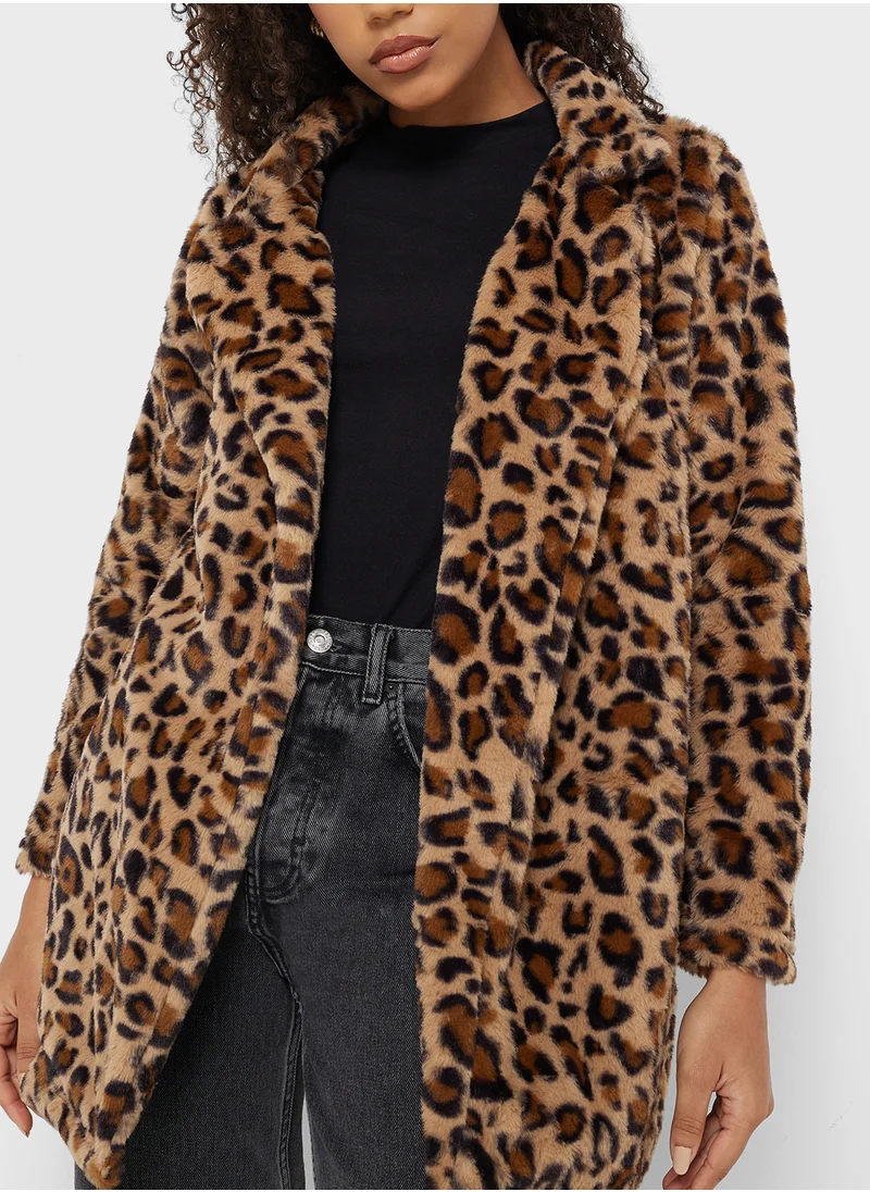 جينجر Leopard Print Longline Faux Fur Coat