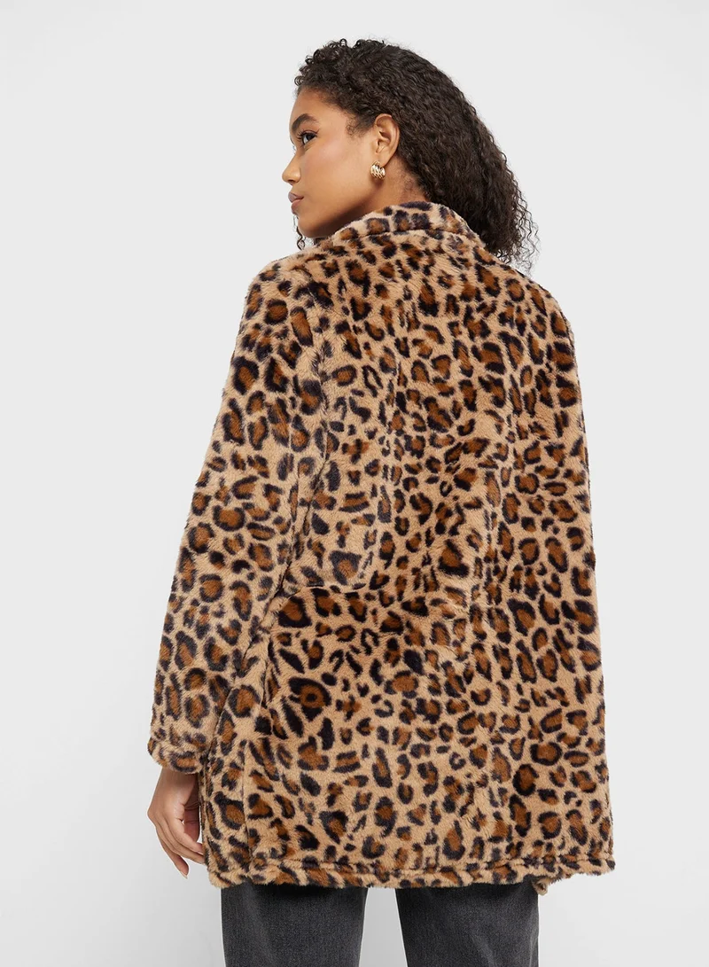 Ginger  Leopard Print Longline Faux Fur Coat for Women | Best Price UAE
