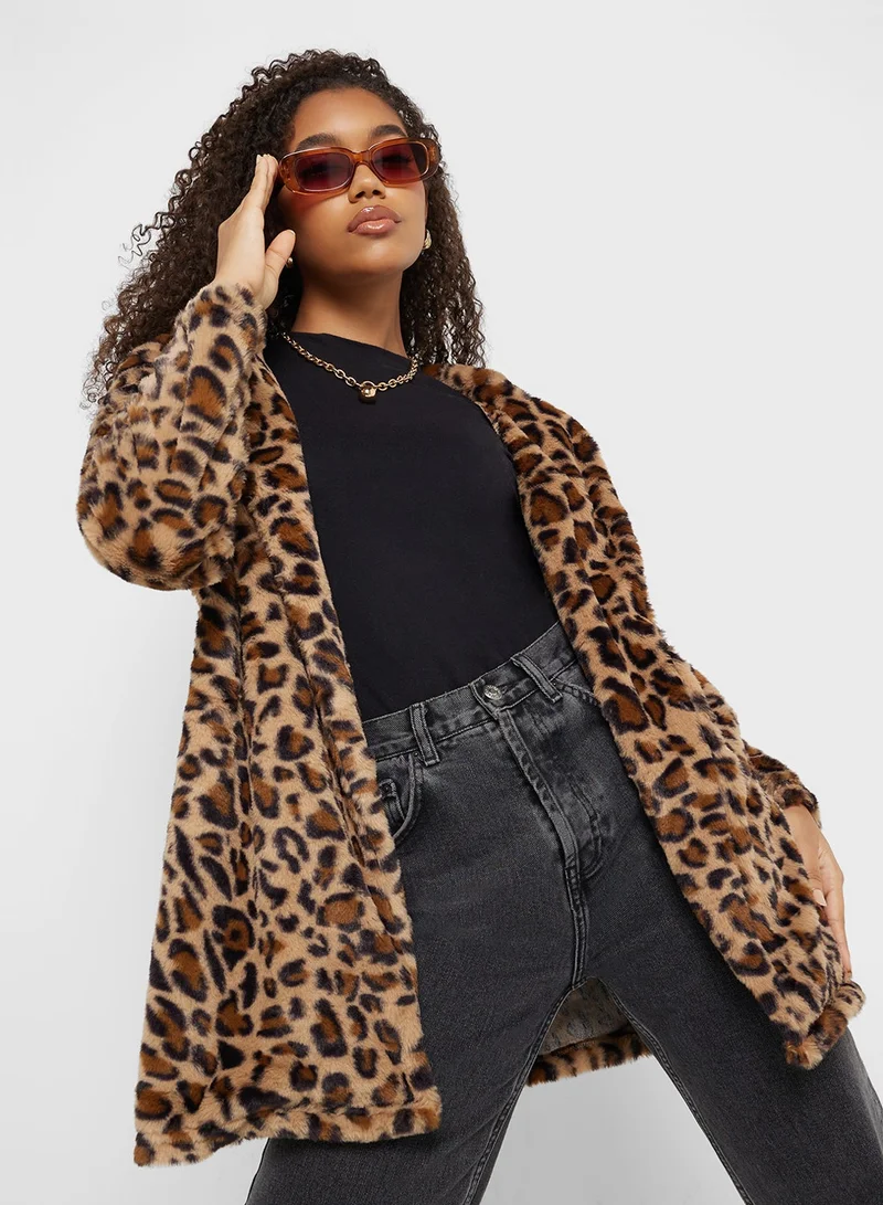 Ginger  Leopard Print Longline Faux Fur Coat for Women | Best Price UAE