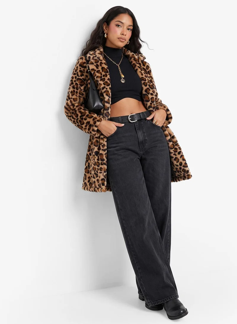 Leopard Print Longline Faux Fur Coat