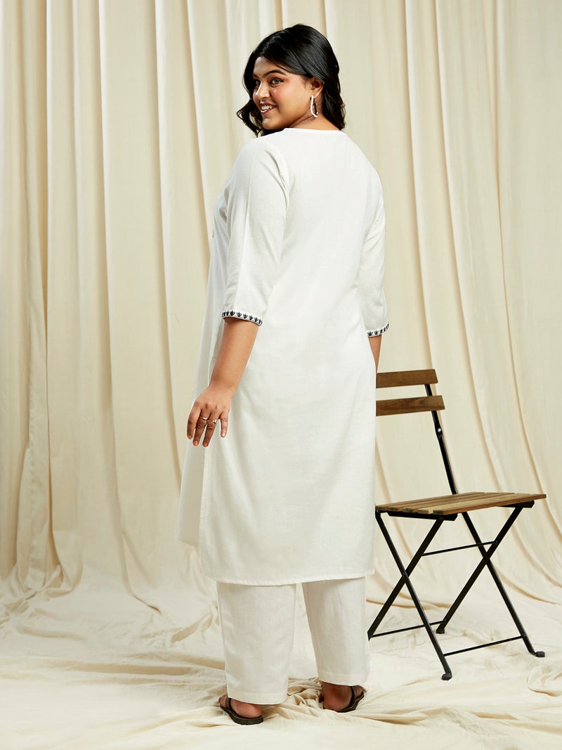 globus Globus Gloplus Women Off White Sequinned & Embroidered Yoke Straight Plus Size Kurta With Wide Leg Pants Festive Set  - Image 3