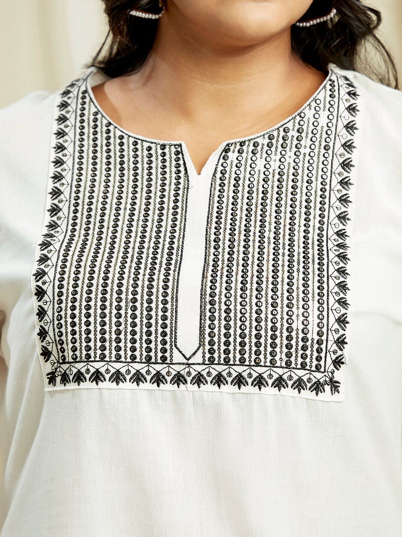 globus Globus Gloplus Women Off White Sequinned & Embroidered Yoke Straight Plus Size Kurta With Wide Leg Pants Festive Set  - Image 4