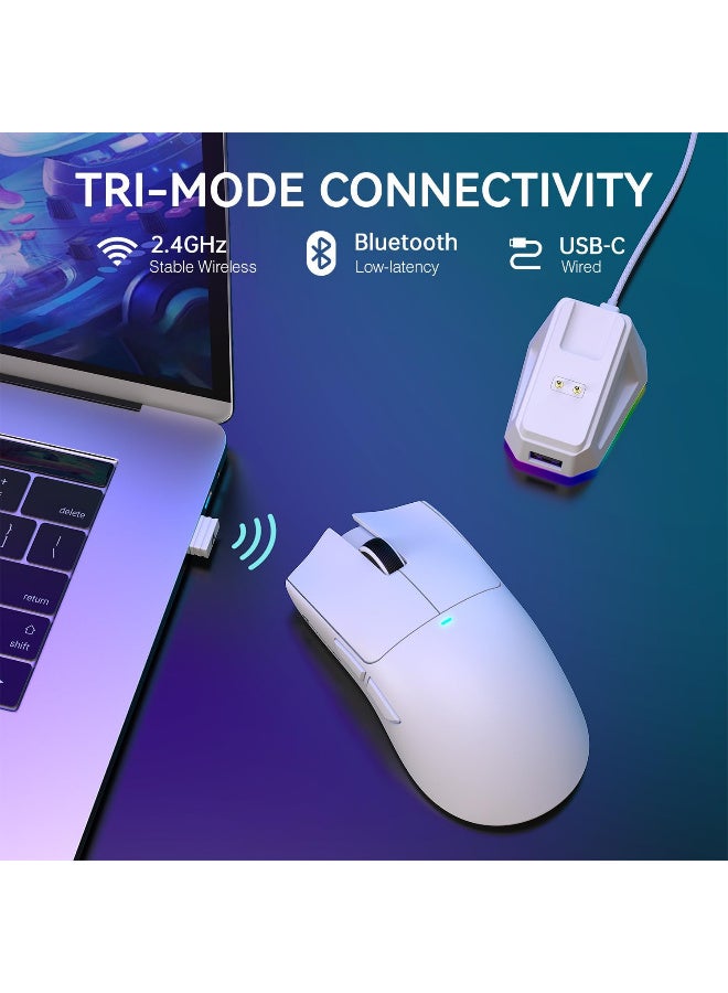 هجوم القرش X11 Lightweight Wireless Gaming Mouse with RGB Charging Dock,Tri-Mode-2.4G/USB-C Wired/BT,22K DPI,PAW3311 Optical Sensor,HUYU Switch, 5 programmable Buttons for PC/Mac(White&Sticker) - Image 4