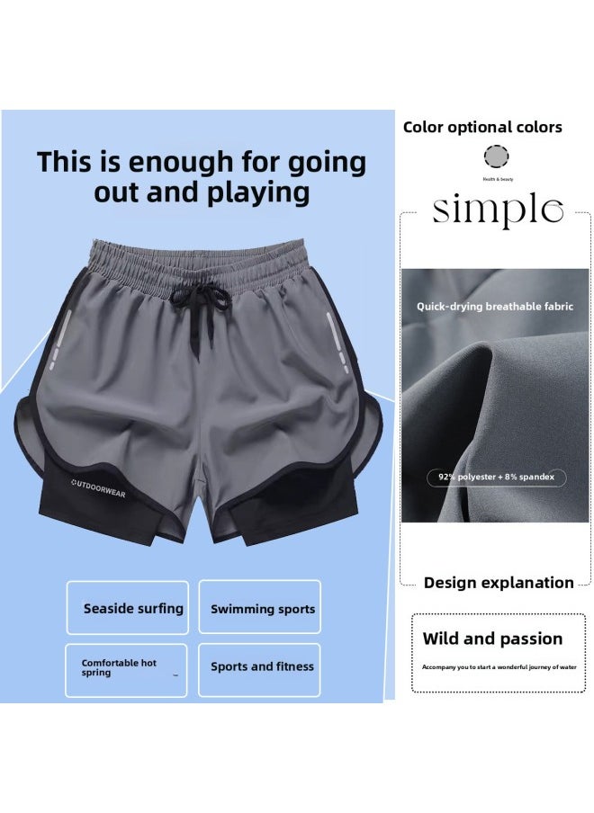 Generic - Swimsuit Men's High-end 2024 Hot Spring Swimming Boxer Double-layer Anti-embarrassment Swimming Trunks Swimming Goggles Swimming Cap Three-piece Set-Color:80819 Gray [set Of 2]]- - Image 1