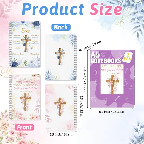 Xqumoi 2 Pack A5 Spanish Christian Spiral Notebooks - Floral Cross Religious Bible Verse Ruled Journal Writing Notebooks Inspirational Gift for Women Christmas Back to School Office Supplies - Image 2