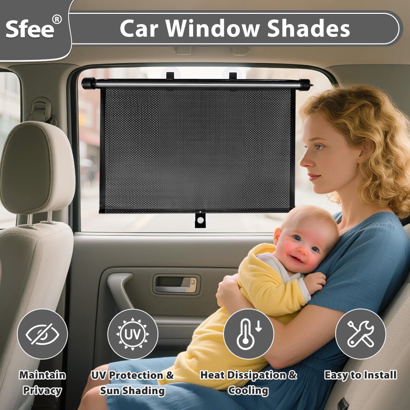 Sfee Car Window Shades for Baby-2 Pack Retractable Side Window Car Sun Shade Blocks UV Rays & Heat for Sun Protection Roller Sunshade Visor Window Shade for Kids,Passengers,Pets (20''x22'') - Image 2