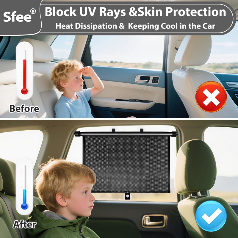 Sfee Car Window Shades for Baby-2 Pack Retractable Side Window Car Sun Shade Blocks UV Rays & Heat for Sun Protection Roller Sunshade Visor Window Shade for Kids,Passengers,Pets (20''x22'') - Image 4