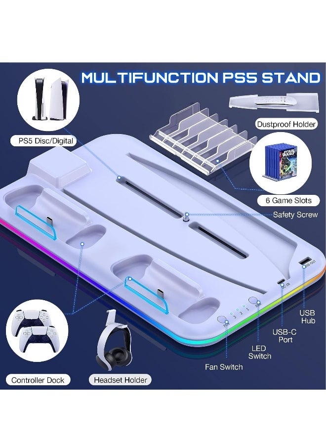 شاحن وحدة تحكم PS5 وقاعدة تبريد LED لجهاز Sony Playstation 5 ومتوافق مع إصدار PS5 Slim (أسود)