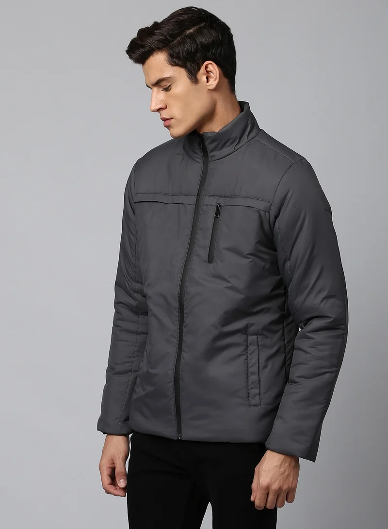 دينيس لينغو جاكيت رجالي بياقة عالية بلون رمادي داكن بقصة عادية وسحاب