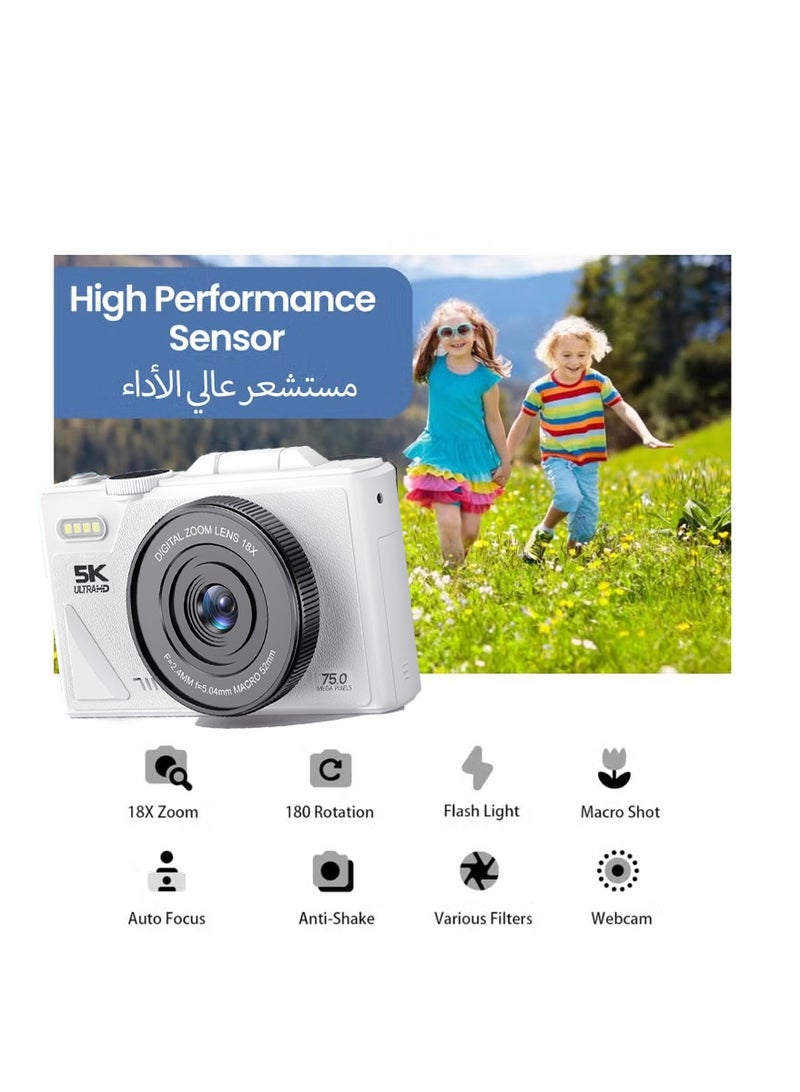 فومو كاميرا رقمية 75 ميجا بكسل 5 كا لتصوير الفوتوغرافي ولوجينغ يوتيوب بشاشة مقلوبة 3 بوصات ومقاس 18 ضعف ومقاومة للاهتزاز ومصممة ضيقة مع بطاقة SD 128 جيجابايت للسفر والبث المباشر والهداياث المباشر والهدايا - Image 3