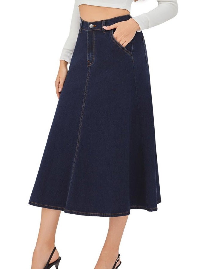 HUSKARY Women's Stretchy High Wasited A Line Long Maxi Jean Skirt Below Knee Length Flared Midi Denim Skirts with Pockets, Blue Black, L - Image 2