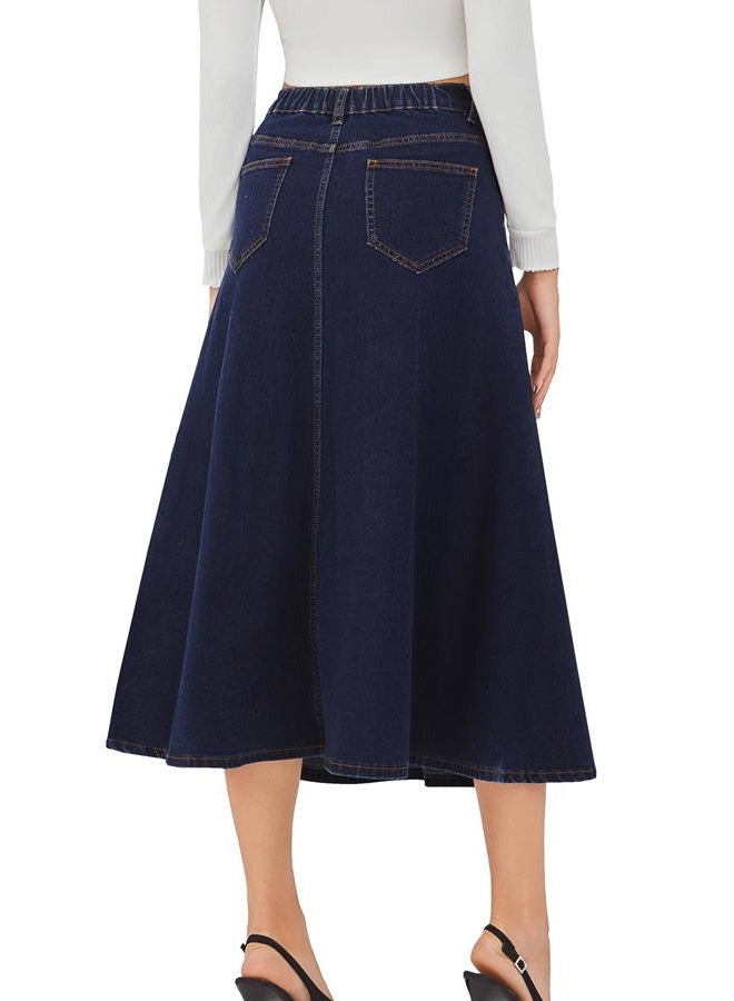 HUSKARY Women's Stretchy High Wasited A Line Long Maxi Jean Skirt Below Knee Length Flared Midi Denim Skirts with Pockets, Blue Black, L - Image 4