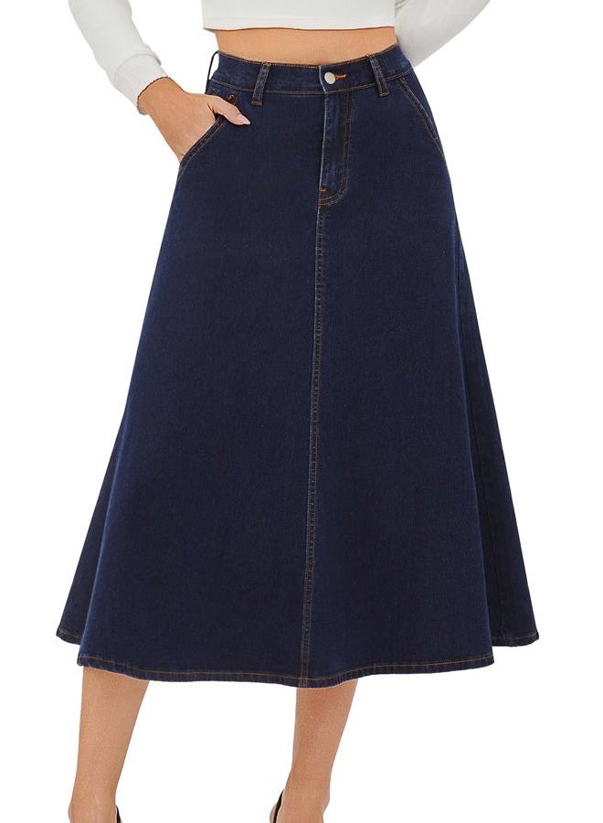 HUSKARY Women's Stretchy High Wasited A Line Long Maxi Jean Skirt Below Knee Length Flared Midi Denim Skirts with Pockets, Blue Black, L - Image 1