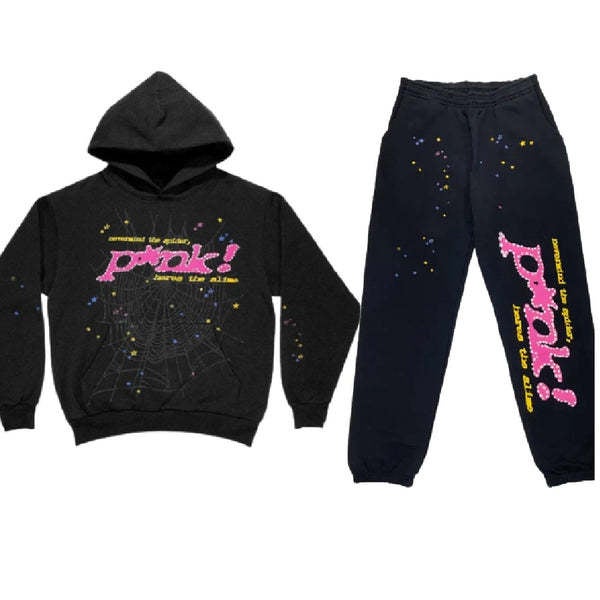 Green Spider Web World Autumn Winter Hoodie And Sports Pants Set Street Style Loose Fit Long Sleeve Printed Polyester Outfit Printed black suit 