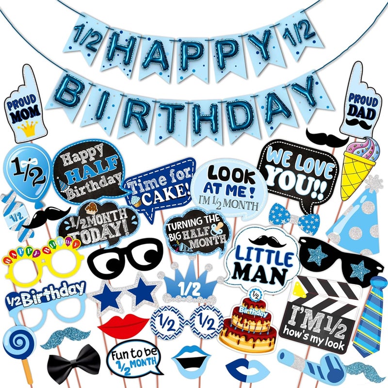 WOBBOX Half Birthday Photo Booth Party Props Blue for Baby Boy with Half Birthday Bunting Banner for Baby Boy in Blue, 1/2 Birthday Decorations for Boys, Kids Birthday Party Decoration Items - Image 1