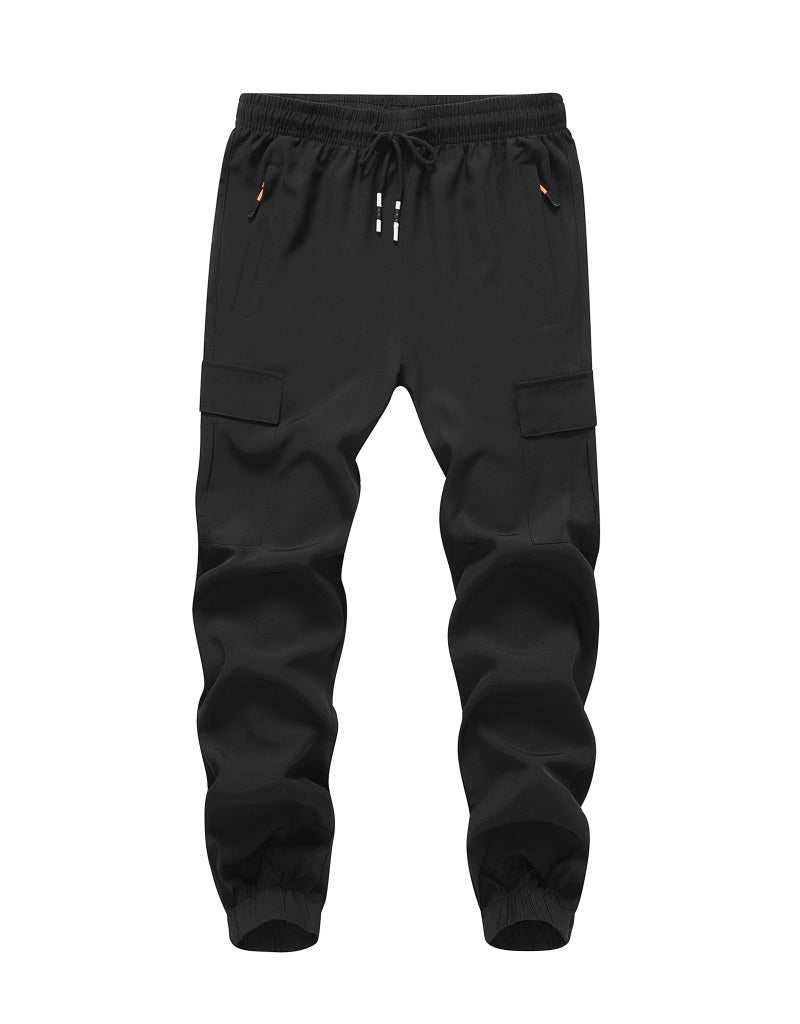 WaltZon Boy's Cargo Joggers Pants Youth Quick Dry Hiking Pull-On Lightweight Pants for Sports Outdoor with Zipper Pockets(3801-Black12) - Image 1