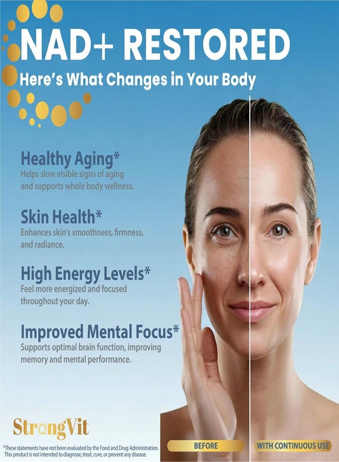 StrongVit مكمل غذائي NAD بتركيز 1000 ملغ مع ريسفيراترول - مكملات NAD+ ليبوزومية متطورة للرجال والنساء - مضاد للشيخوخة ومجدد للخلايا - 60 كبسولة NAD+ للطاقة وصحة الخلايا - Image 3