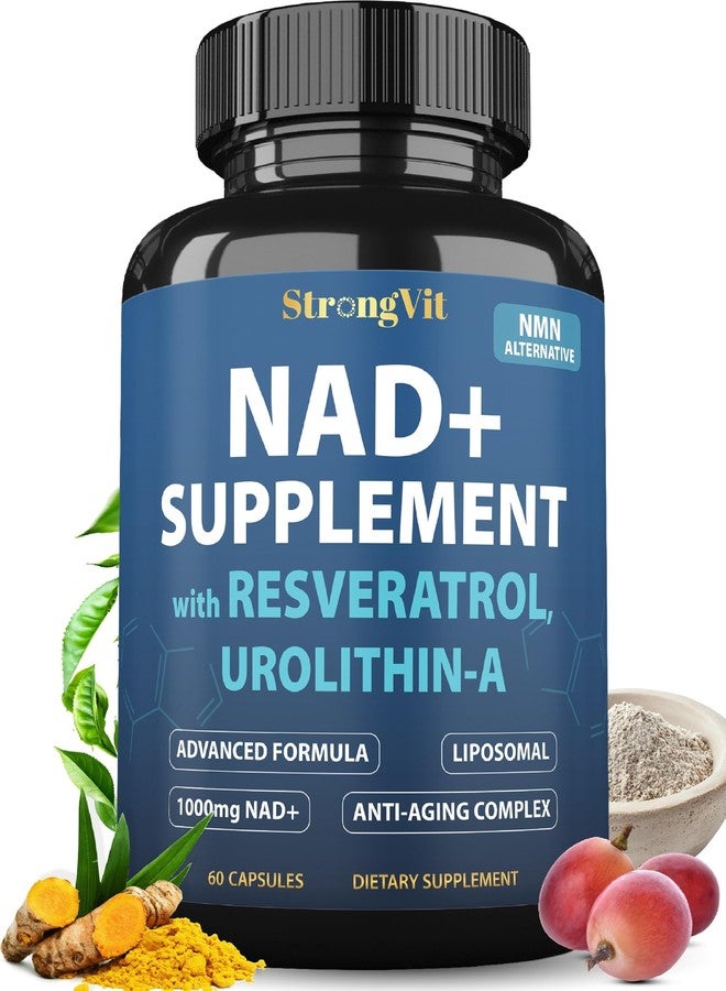 StrongVit مكمل غذائي NAD بتركيز 1000 ملغ مع ريسفيراترول - مكملات NAD+ ليبوزومية متطورة للرجال والنساء - مضاد للشيخوخة ومجدد للخلايا - 60 كبسولة NAD+ للطاقة وصحة الخلايا - Image 1