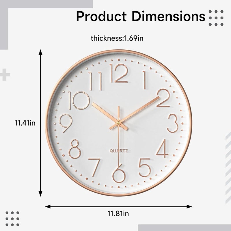Rose Gold Wall Clock, Round Design, 12 Silent Quartz, Non-Ticking, Large Numbers, Easy Install, For Office And Living Room, White+Rose Gold - Image 3