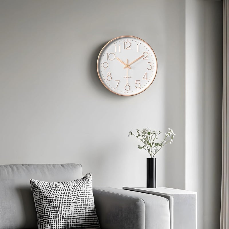 Rose Gold Wall Clock, Round Design, 12 Silent Quartz, Non-Ticking, Large Numbers, Easy Install, For Office And Living Room, White+Rose Gold - Image 4