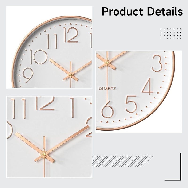 Rose Gold Wall Clock, Round Design, 12 Silent Quartz, Non-Ticking, Large Numbers, Easy Install, For Office And Living Room, White+Rose Gold - Image 2