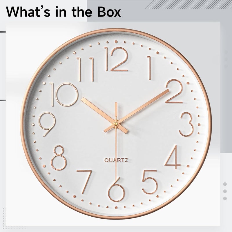 Rose Gold Wall Clock, Round Design, 12 Silent Quartz, Non-Ticking, Large Numbers, Easy Install, For Office And Living Room, White+Rose Gold - Image 5